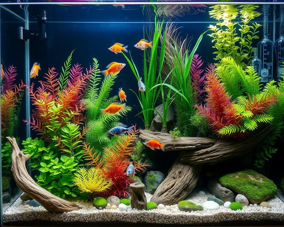 Aquarien-Einrichtung mit Wasserparameter und Dekorationselemente