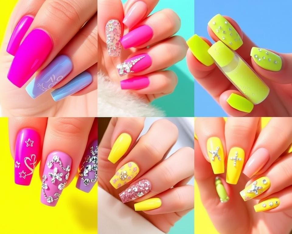 Sommer-Nageltrends mit leuchtenden Neonfarben und glitzernden Akzenten